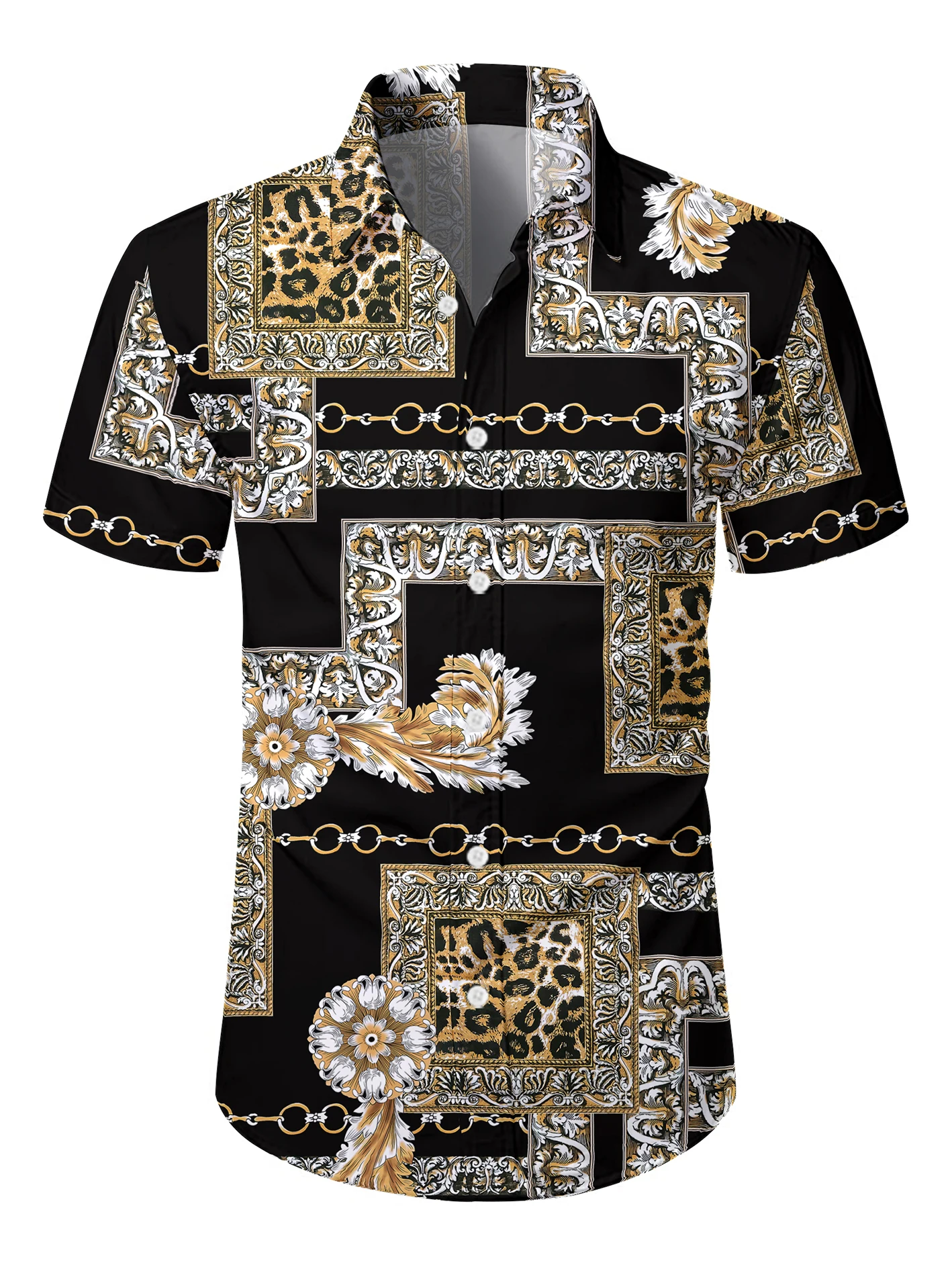 SummerFashion Chain Border Leopard Print Floral Print Hawaiian Beach Casual Party Street European code Men's Short Sleeved Shirt