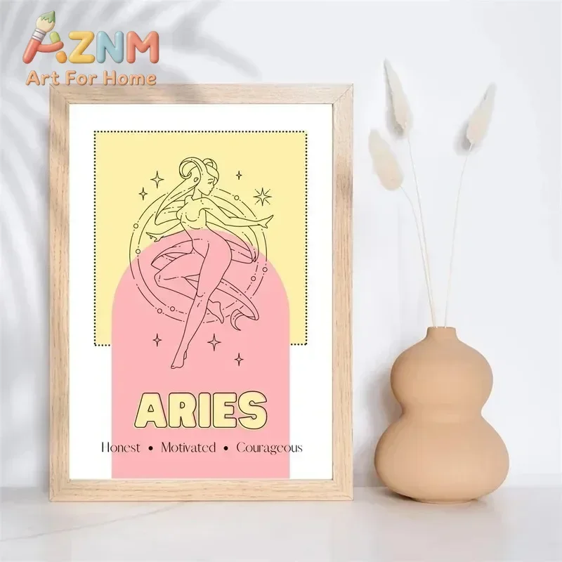 AZNM Zodiac Sign Canvas Wall Art Pastel Horoscope Astrology Line Art Constellation Girl Character Art Print Unframed Canvas Post
