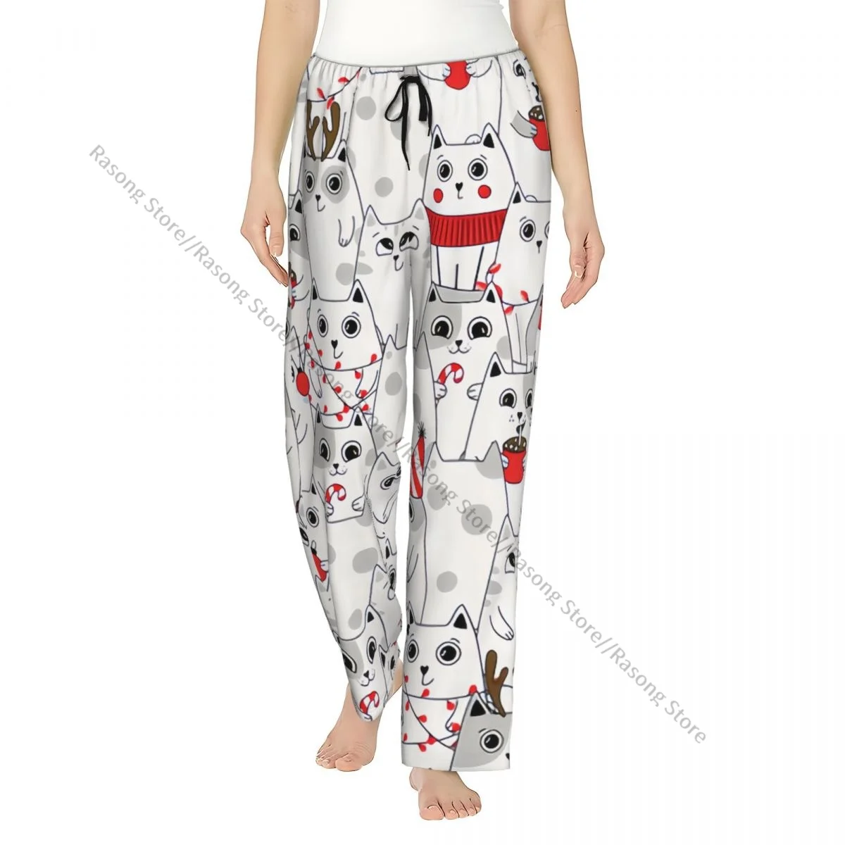 

Уютные фланелевые пижамные штаны для женщин, рождественские штаны для сна с милым котом, домашняя одежда для дома