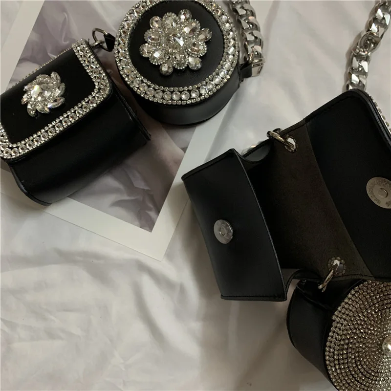 2 Piece Diamond Studded Shoulder Bags for Women Mini PU Crossbody Bag Decorate Chain Chest Bag Designer Handbag Luxury Coin Bag