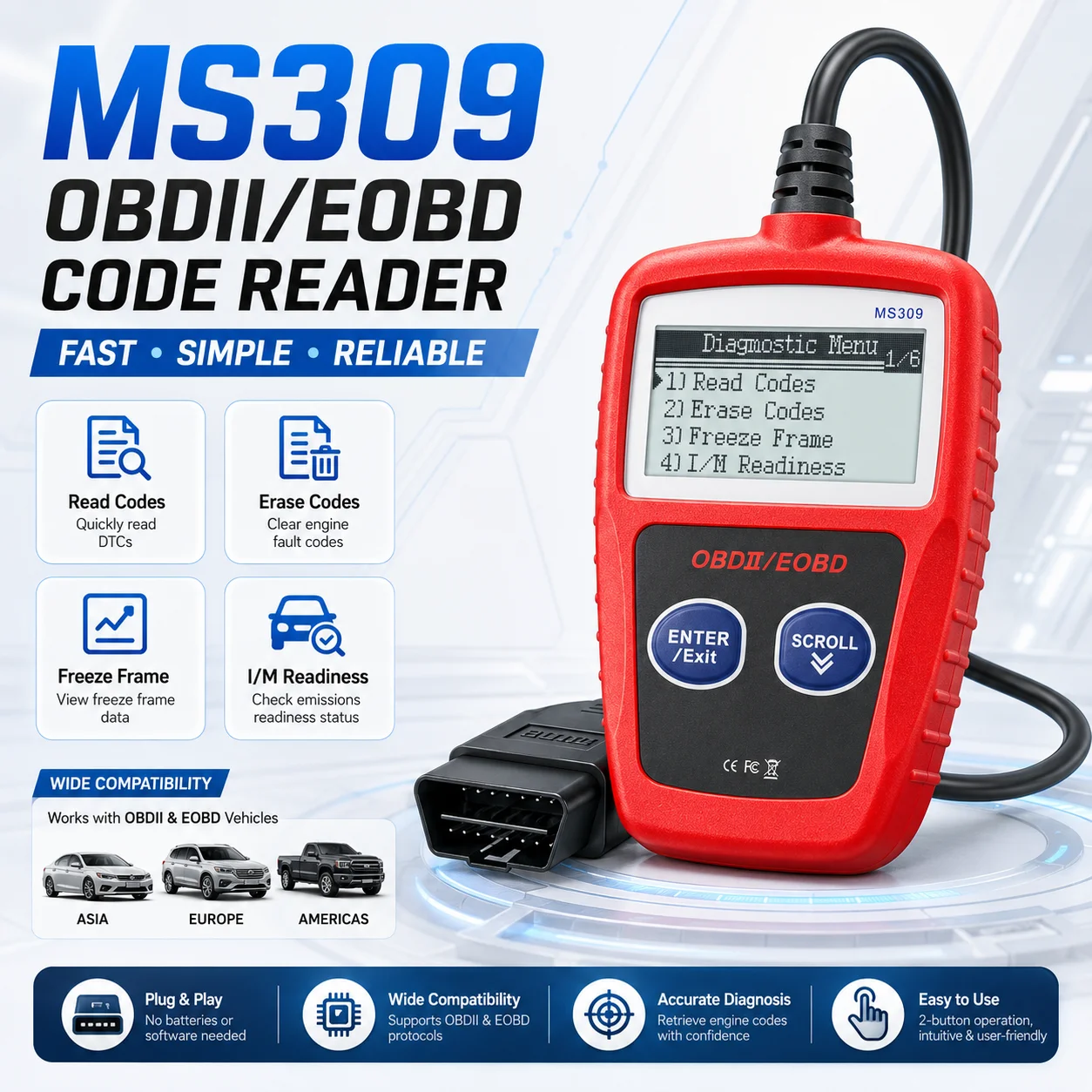 Classic Enhanced Universal Obd2 Scanner, Car Engine Fault Code Reader, Checks Engine Light and Emissions Monitor Status, Obdii Can Diagnostic Scan Tool