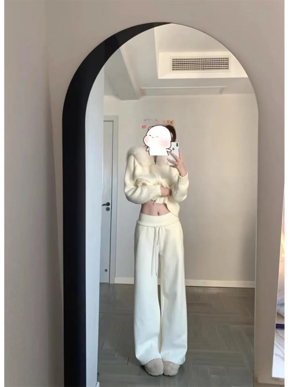 White Fleece Lined Thick Drawstring Sweatpants Women's Autumn Winter Small Size Straight Casual Pants High Waist Wide Leg War...
