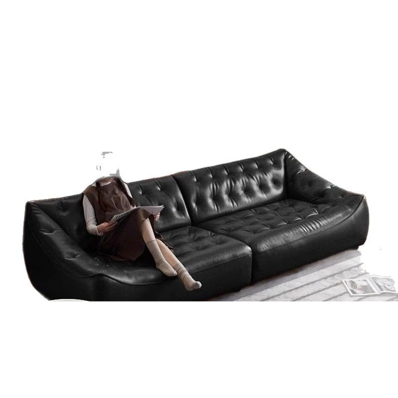 

Small apartment straight row leather sofa retro style Italian light luxury oil wax leather sofa modern