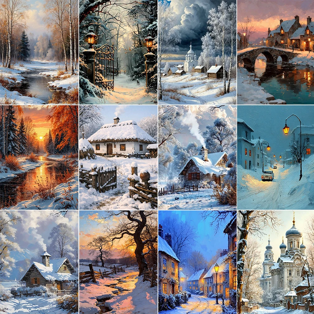 Winter Snow House Poster Wall Art Scenery Picture for Kitchen Wall Decor Canvas Painting Landscape Unframed Poster
