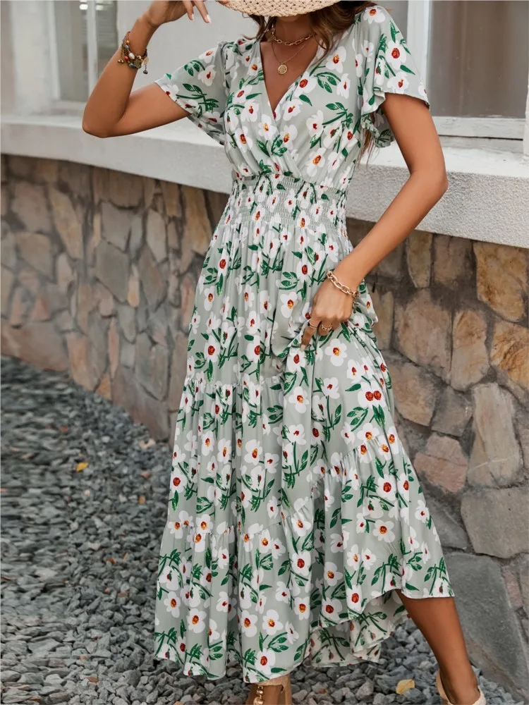 Elegant Print Dress Lady Short Sleeve V-Neck Pullover High Waist Dresses Robe Femme Fashion Boho Holiday Dresses Summer New