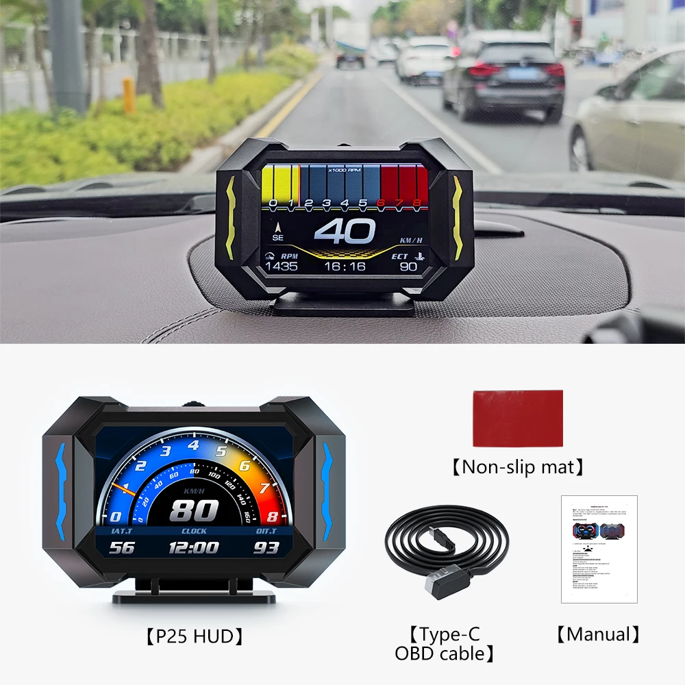 Obd + Gps Hud P25 Auto Obd Head Up Display Hud Aan Boord Computer Digitale Snelheidsmeter Water Temp Brandstofverbruik Helling Meter