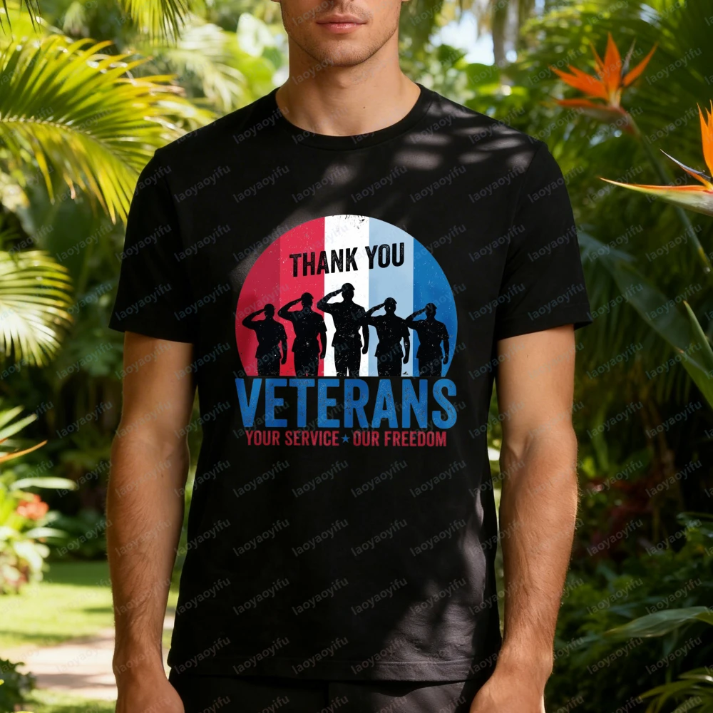 

Thank You Veterans T-Shirt Salute Soldier Silhouette Patriotic Casual Cotton Tee Retro Veterans Day Tops Classic Men's Clothing