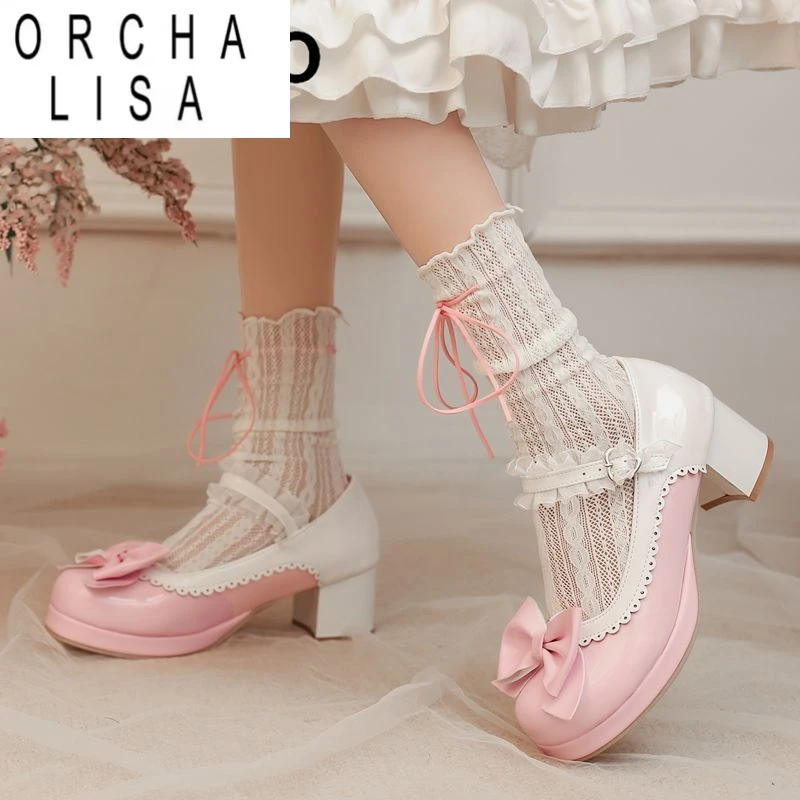 

ORCHA LISA 2025 Туфли-лодочки в стиле Лолиты для девочек на блочном каблуке 5 см, платформа 1,5 см, разноцветные туфли с бантом, большой размер 46 47 48 Sweet Dating Shoes