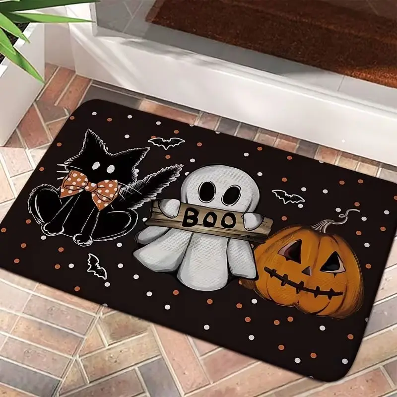 Happy Halloween Doormat, Non-Slip Entryway Holiday Decor Rug with Ghost and Pumpkin Design, Bathroom Mat, Home Decor