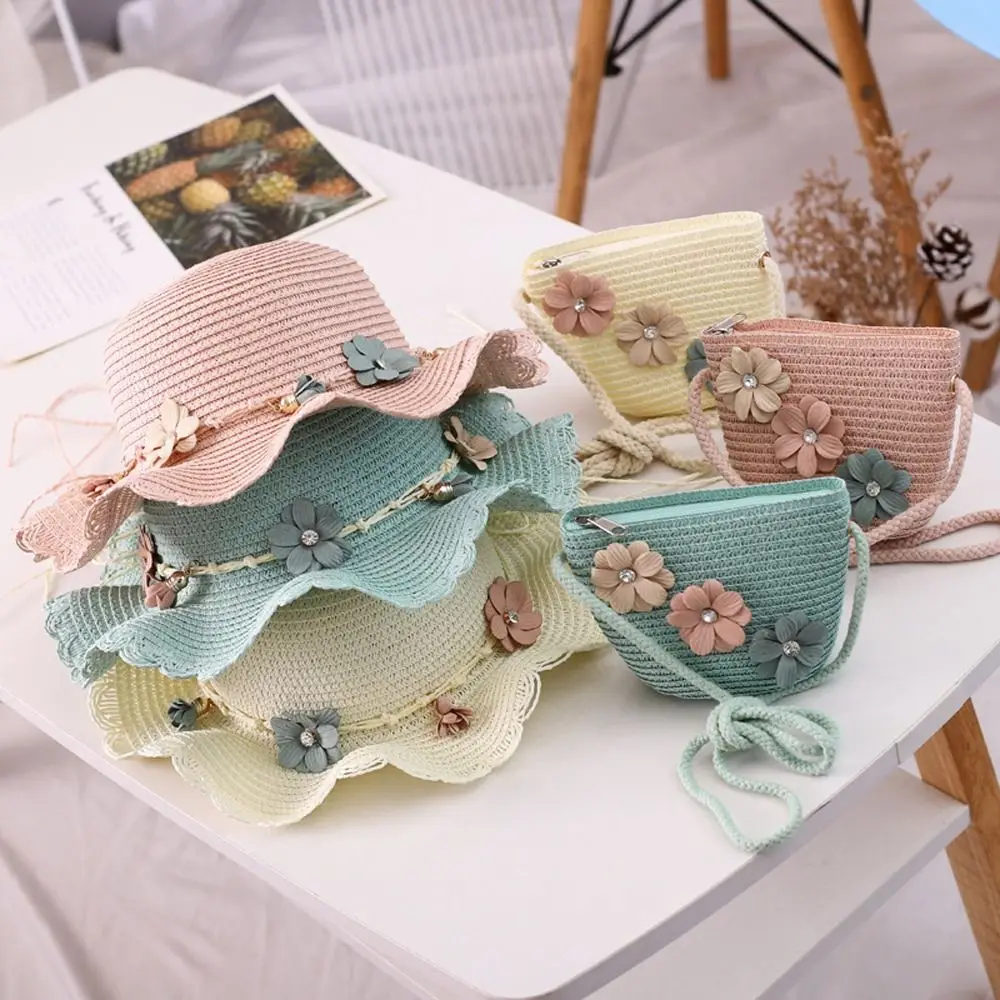 Sweet Flower Girl Gift Shoulder Bag Summer Rhinestone Korean Style Girl Cap Kids Handbag Sun Visor Hat Children Straw Hat