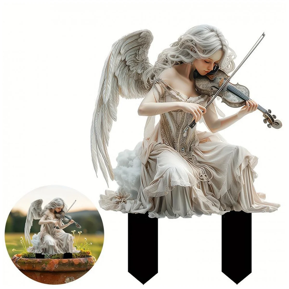 A72P White Angel Playing Violin Acrylic Garden Stakes Flower Pot Lawn Farm Decoration Ground Plug Decoration Sign