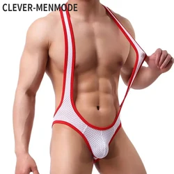 CLEVER-MENMODE Sexy Lingerie Maille tambours costume Hommes Jockstrap Dos auxUne Pièce Lutte Singlet Corps trempé Slips Bondage Mankini