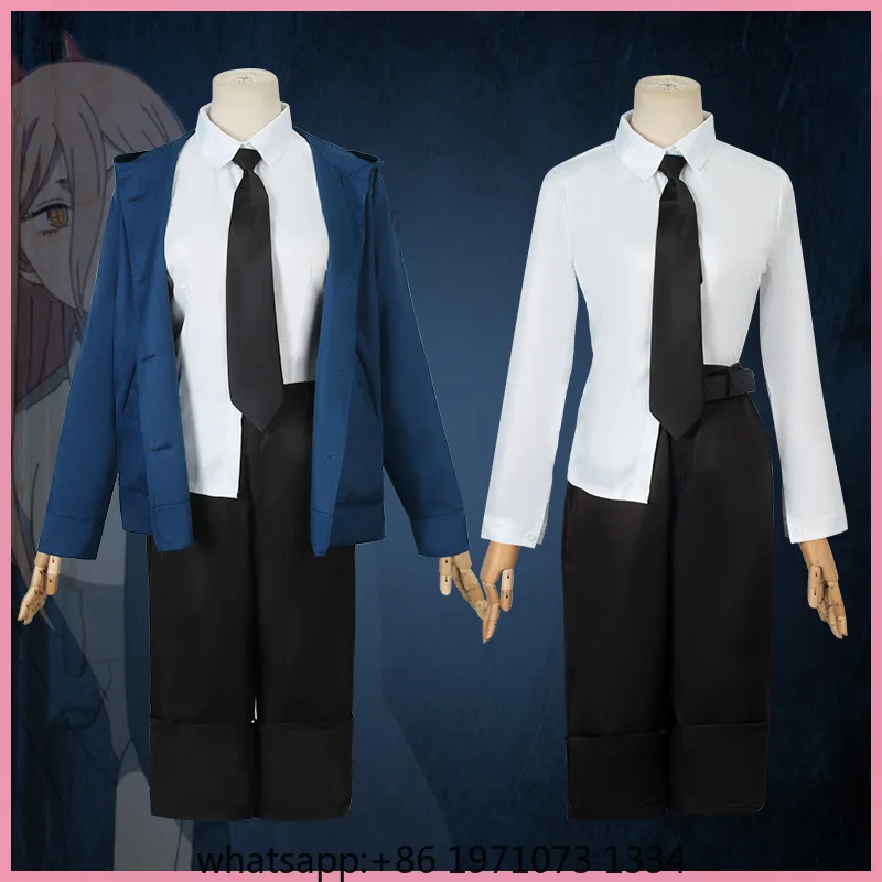 Power Cosplay Chainsaw Man Costume Blue Jacket Wig Horn Hairpins Women Halloween Carnival Party Role Playing Outfit Anime Suit