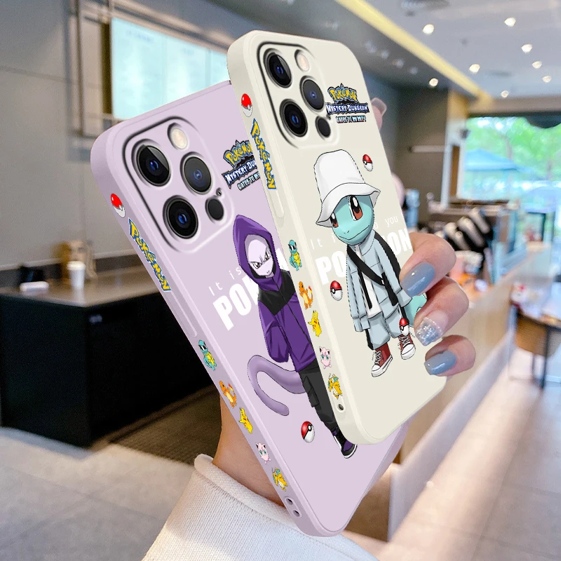 Pokemon Mewtwo Cute Squirtle Liquid Left Rope For Apple iPhone 15 14 13 12 11 XS XR X 8 7 SE Pro Max Plus Mini Soft Phone Case