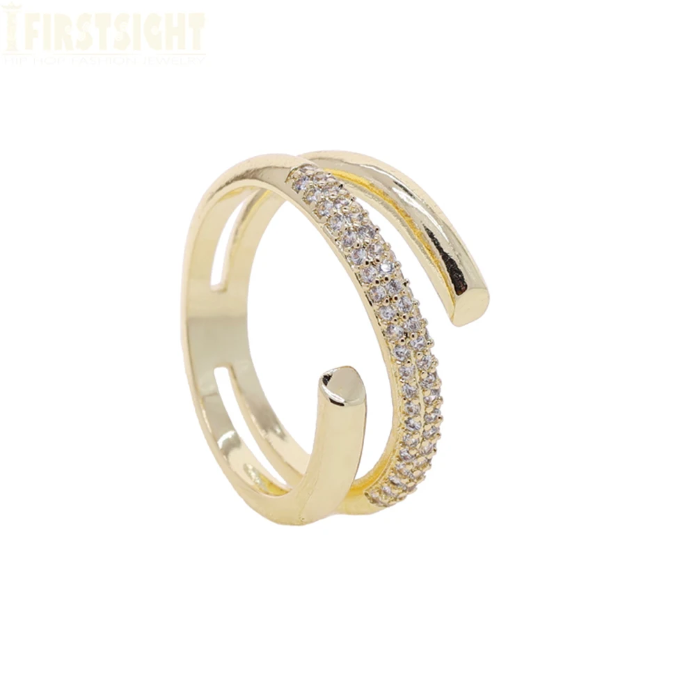 New Bling CZ Paved Geometric Irregular Ring For Women Gold Color Classic Layered Stacking Engagement Band Finger Jewelry
