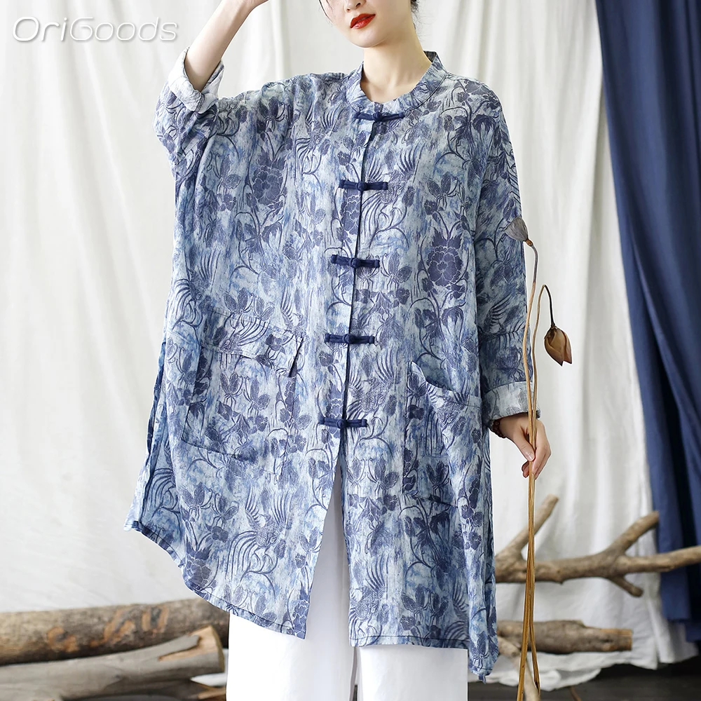 

OriGoods Oversized Long Shirt Women 2024 New Summer Tops Thin Ramie Fabric Vintage National Style Print Long Sleeve Blouse X036