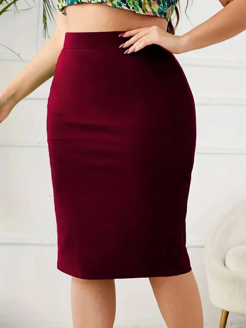 2024 Summer Plus Size Solid Slim Skirt, Casual High Waist Slit Skirt, Women\'s Plus SizeClothing