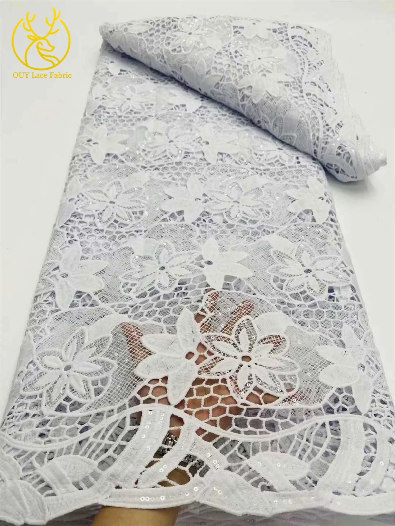White African Guipure Sequin Lace Rope Weave Fabric 2025 Hot Sale Nigeria Water Soluble Lace Fabric for Women's Evening Gowns