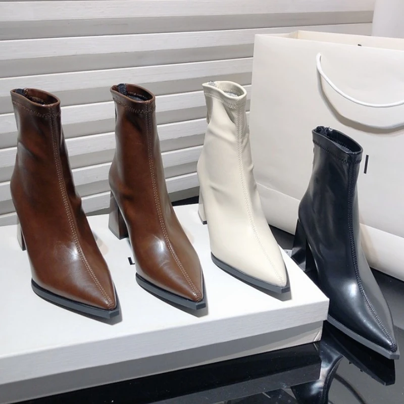 

Autumn Winter Women Ankle Boots Elegant Thick Heels Pointed Toe Shoes Modern Short Botas Para Mujer