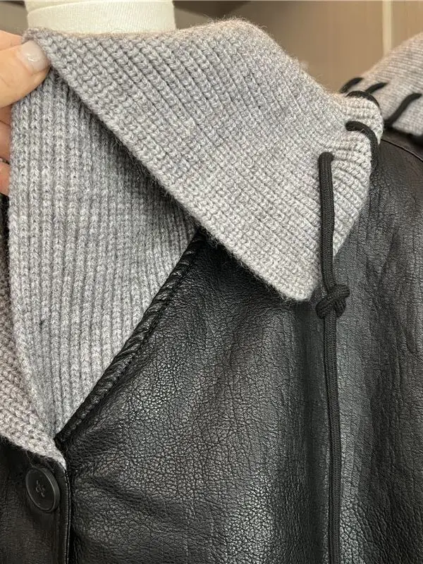 韓国 Sle ネイビーカラーニットスプライシングレザー Jaet 女性の秋の新デザインハイエンド Aosphere レザーコート