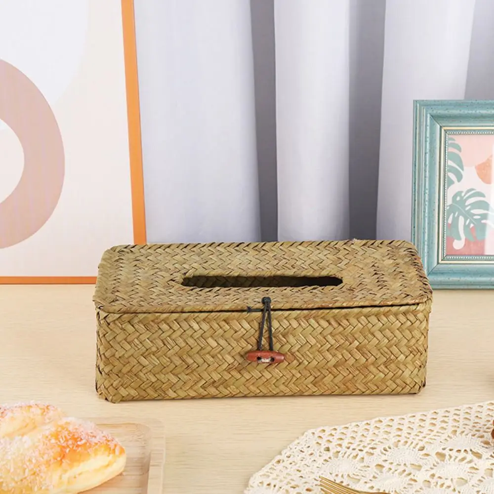 Kitchen Supplies Rectangular Rattan Tissue Box Handmade Japanese Style Straw Woven Napkin Holder Retro Napkin Dispenser Hotel