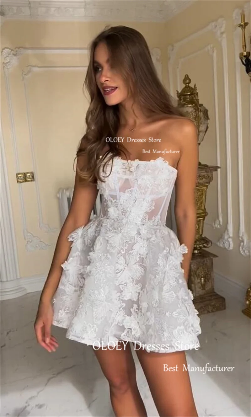 OLOEY-Mini vestidos de novia cortos sin tirantes, vestido de novia Sexy de encaje para jardín, bata de matrimonio, vestido de graduación, corsé con cordones en la espalda, 2024