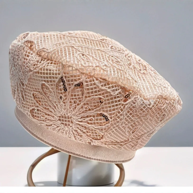 ファッション大人用フレンチハットレザークラシックスラウチーベーカーシークインキャップメッシュベレー帽女性用サマーフェイスショーリトルペインター8M108