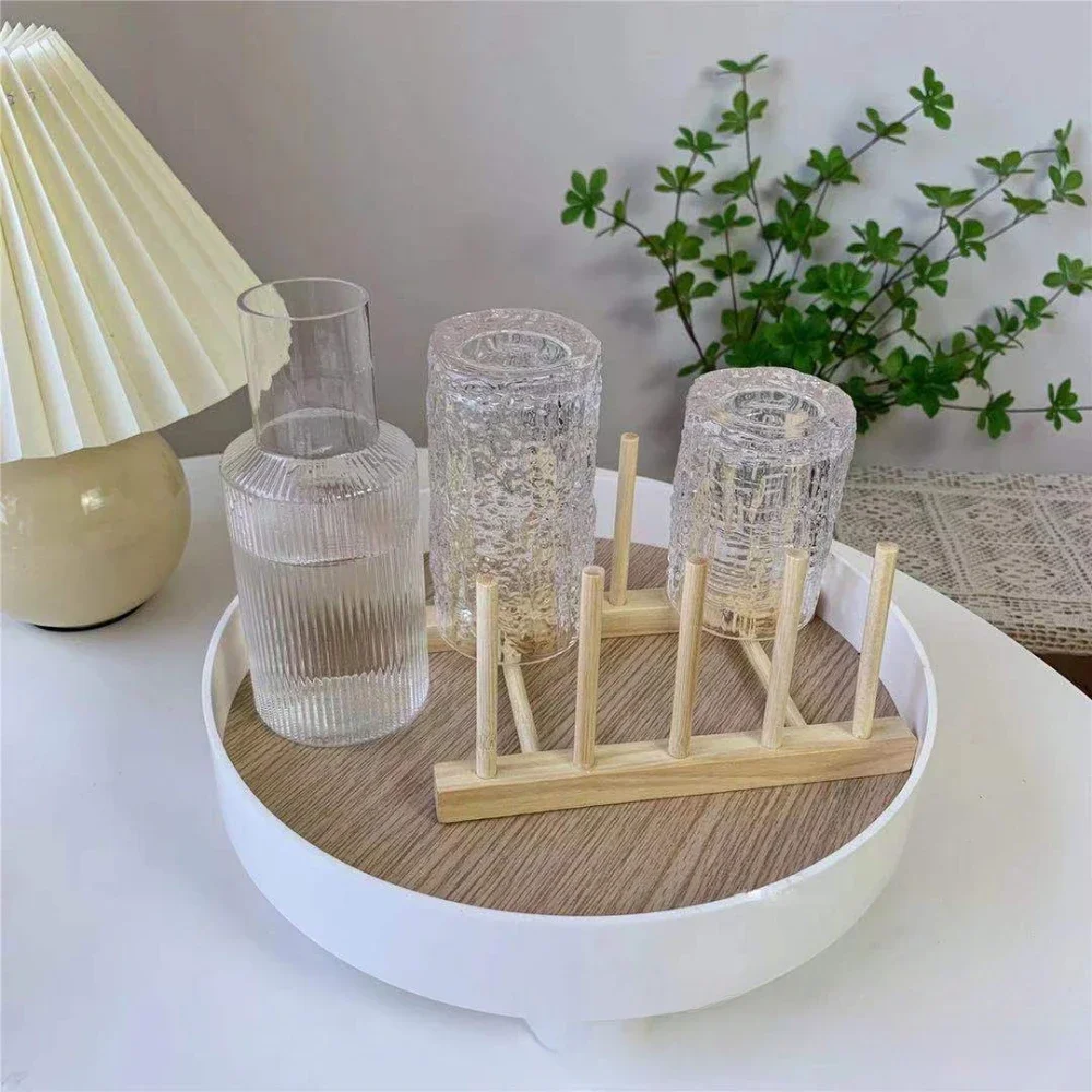 Kitchen Dish Drain Rack Wooden Display Stand Drainer Holder Drying Bowl Holder Simple Pot Lid Shelf Dinnerware Storage Organizer