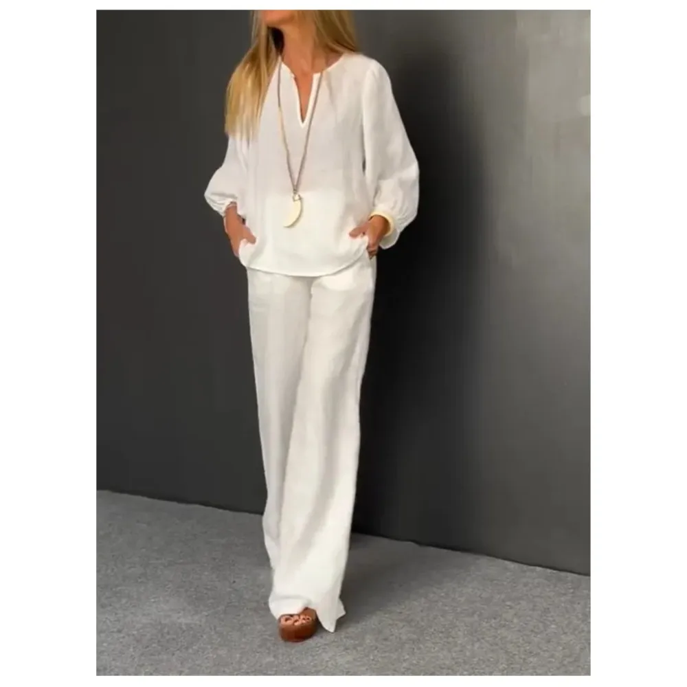 

Женский повседневный пригородный костюм, новинка 2025, повседневный свободный сексуальный топ с v-образным вырезом и рукавами-фонариками, прямые брюки, брюки, костюм, комплект из двух предметов