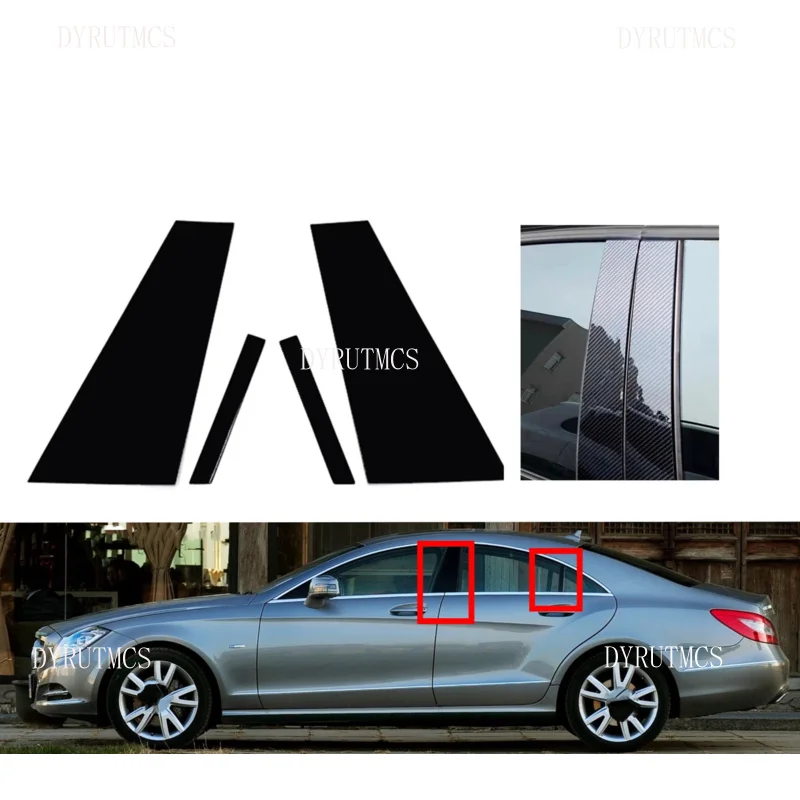 

4PCS Silver Carbon Glossy Black Pillar Post Fit For Mercedes-Benz CLS-Class 2012-2016 Door Moulding Sticker Cover Window Trim