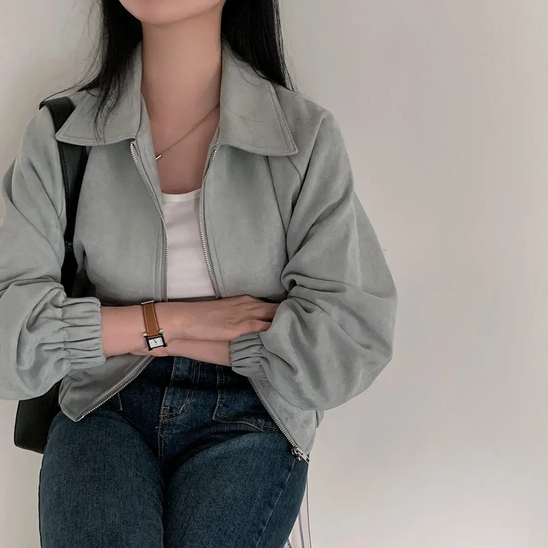 Women Pocket Retro Lapel Zippered Top Chic Autumn Vintage Fleece Jacket Loose Fit Versatile Long Sleeve Cropped Jacket 2025