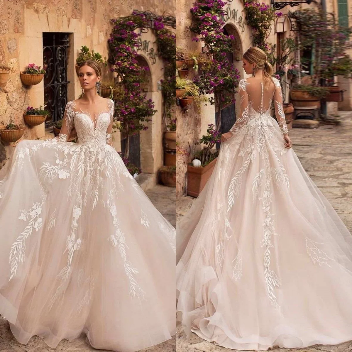 

Illusion A Line Vestido De Novia Appliques Sweetheart Off Shoulder Wedding Dresses Sheer Long Sleeve Tulle Bridal Dress