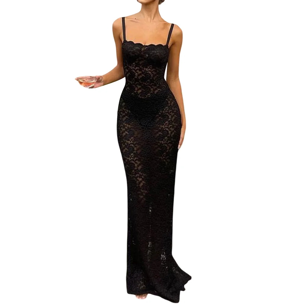 Women's Lace Split Long Dress Sexy Sleeveless Slim Fit Black Dress Summer Solid Color Cocktail Party Dress Zip Back Cami Dress