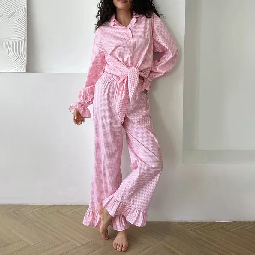 Autumn Winter Sweet Pink Plaid Cardigan Pajamas Long-sleeved Long Pants Ruffled Pajamas Sleepwear 2PCS Home Clothes For Women