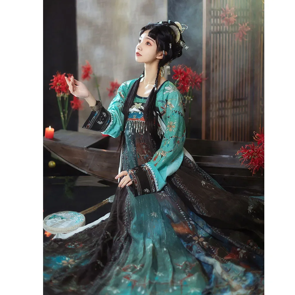 

JuYu Original Chinese Style Hanfu Dress For Women Tang Dynasty Round Neck Fringed Hanfu Dress Ancient Fairy Stage Dance Dresses