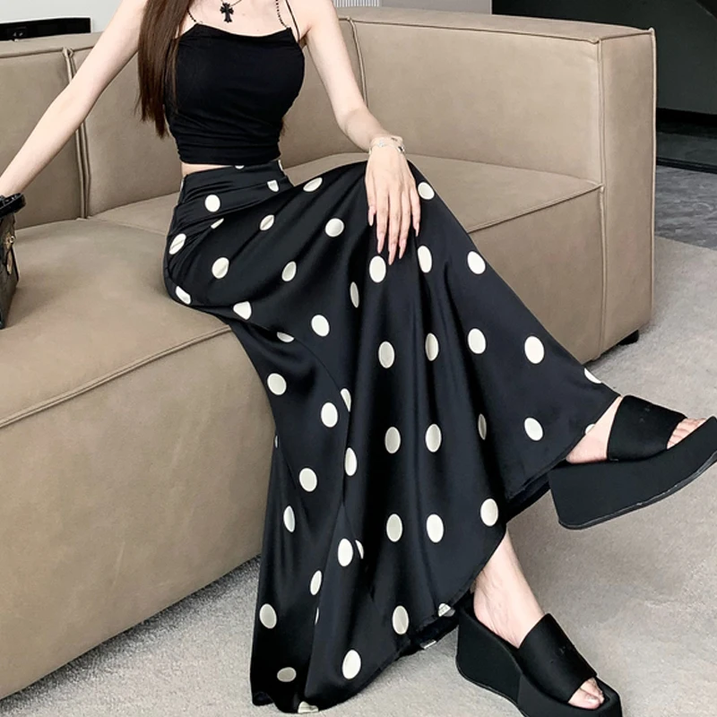 

Spring Summer Polka Dot Chiffen Skirts Women 2024 New Vinatge Elastic High Waist A-line Skirt Female Slim Midi Skirt