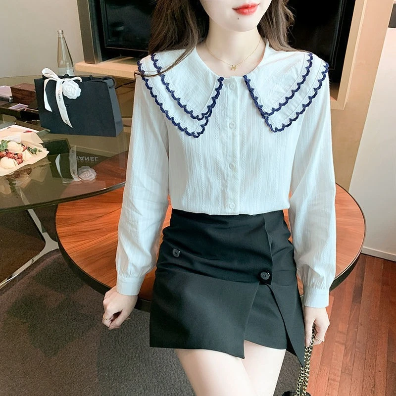 Szyfonowe Białe Koszule i Bluzki Damskie Styl Koreański Nowa Kolekcja 2025 Promocja Vintage Młodzieżowe Ubrania Zapinane na Guziki Damski Top