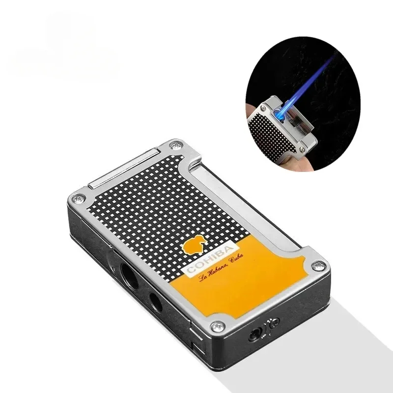 New COHIBA Cigar Lighter Metal Single Straight Charge Portable Blue Flame Windproof Lighter with Cigar Opener Tool(No Gas)