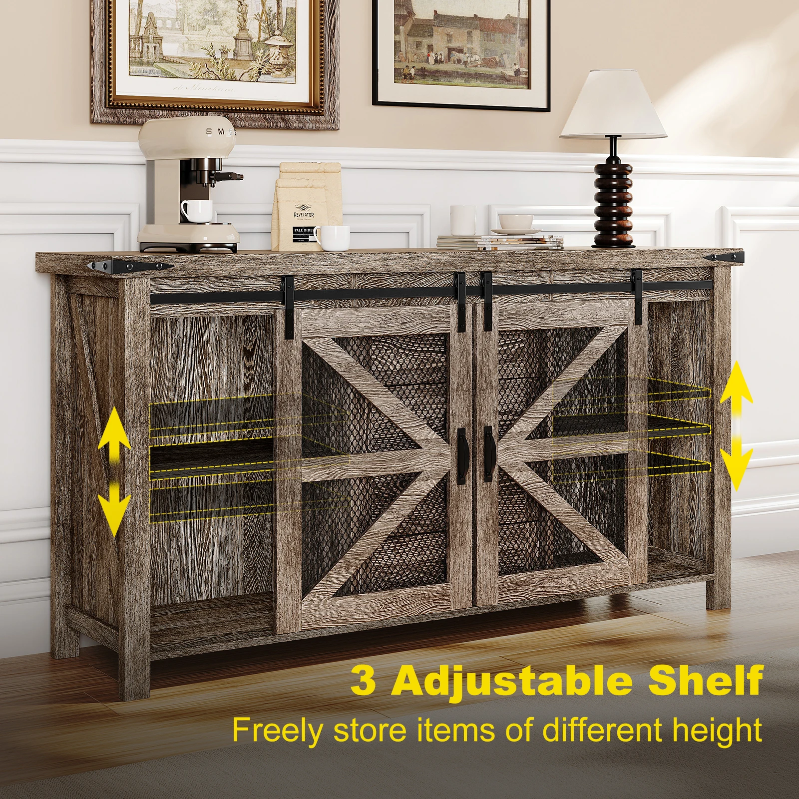 Wooden Side Cabinet Sideboard with Drawers Wood TV Cabinet Vintage Iron Mesh Door Cabinet for Kitchen Living Room Bedroom Grey