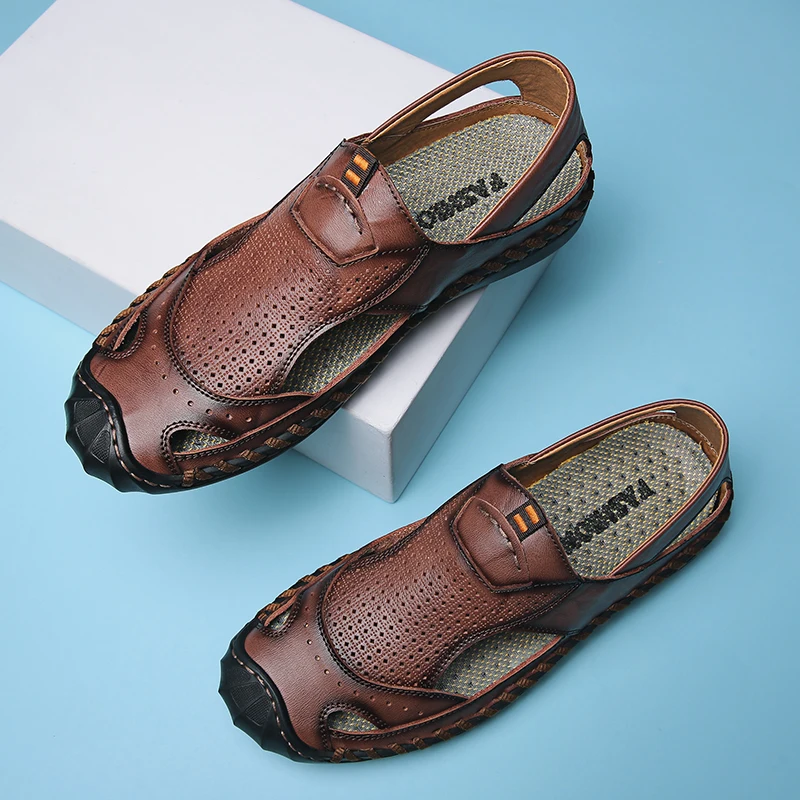 Golden Sapling Breathable Men\'s Sandals Genuine Leather Summer Shoes Leisure Loafers Casual Flats Fashion Casual Sandals for Men