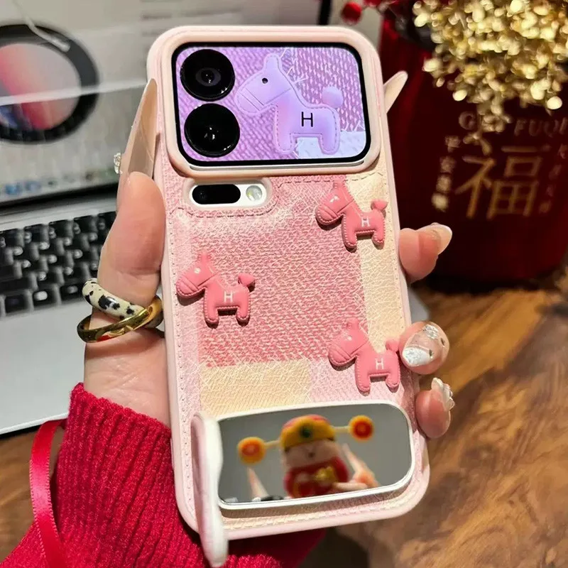 

Horse year phone case for iPhone 17 16 Promax 15 14 plus 13 12 Pro Max Pink Case with 3d cute Ponny and Mirror stand