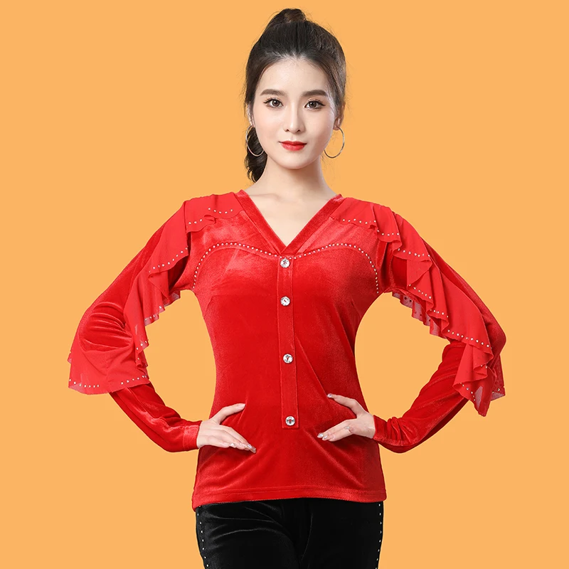 Velvet Ballroom Dance Tops Adult ChaCha Rumba Latin Practice Wear Black/Red Rhinestone Tango Waltz Performance Costume YS4586