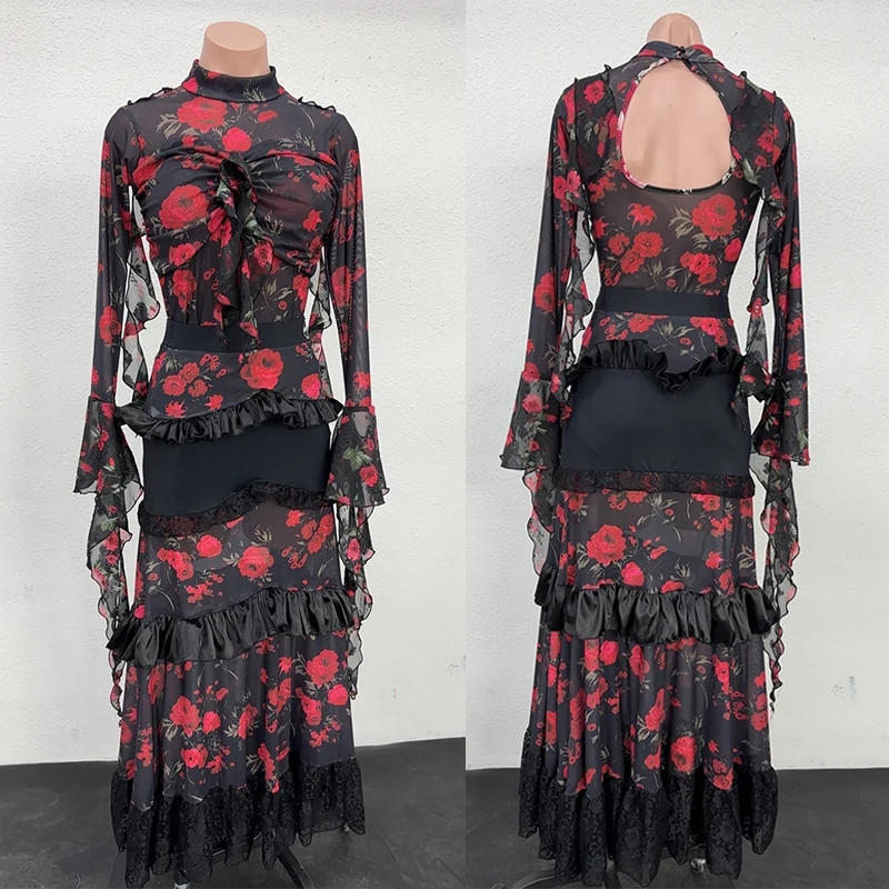 

Standard Dance Ballroom Performance Outfit Women Black Red Flower Print Dress Waltz Modern Dance Suit Elegant Stage Costume 2040