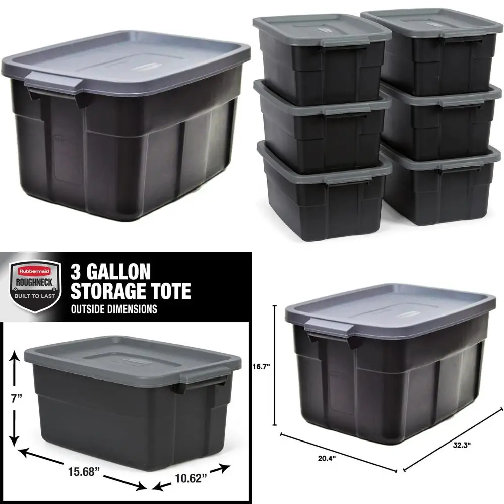 Rubbermaid Roughneck Pojemniki do przechowywania o pojemności 31 galonów, zestaw 3 sztuk, wyprodukowane w USA, czarno-szare, wytrzymałe, plastikowe pojemniki z pokrywkami, które można układać w stosy.