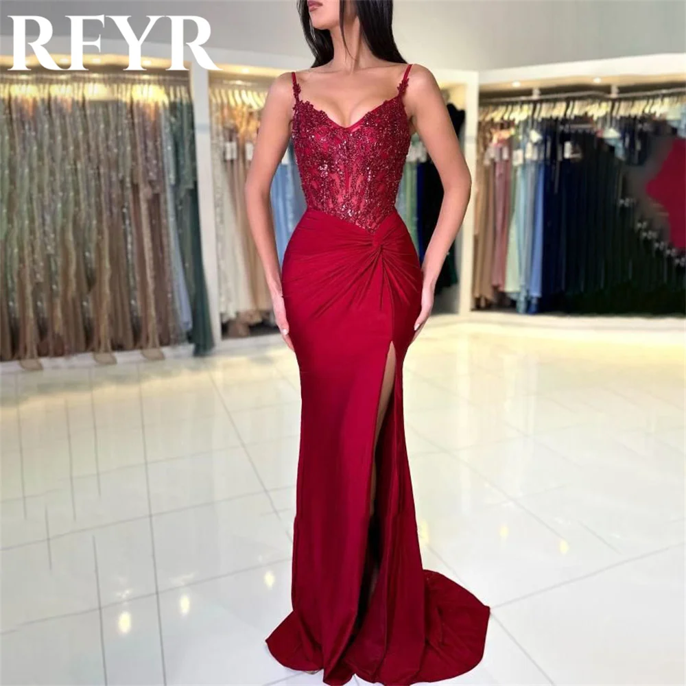 

RFYR Red Elegant Spaghetti Strap Women Evening Dresses Simple Sleeveless Appliques Splits Trumpet Prom Gowns Dress Customized