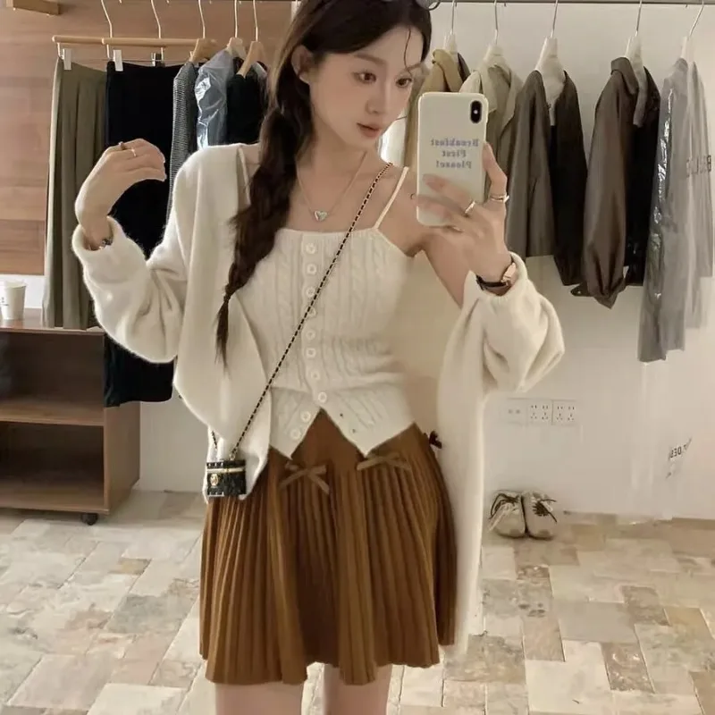 

Autumn Lazy Style Puff Knitted Vest V-neck Loose Simple Solid Color Cardigan Jacket Two-piece Suit
