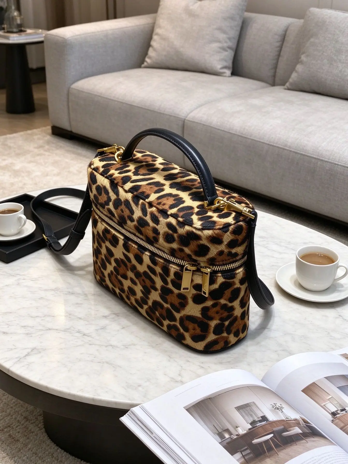 Unisex Leopard Print Faux Pony Hair Box Handbag Faux Leather Top Handle Detachable Shoulder Strap Multi Zipper Crossbody Bag