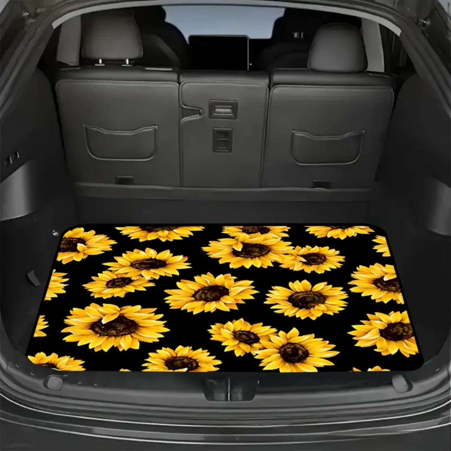 Car Trunk Mat, Black Background Full Print Yellow Sunflower Cargo Liner, Non-Slip Rear Trunk Protector, Women Car decor, Car Accessories, Interior Decoration Mat, Universal Fit For SUV Sedan Truck, Bright S