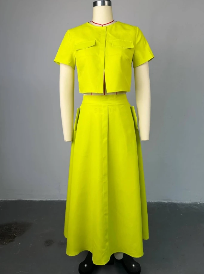Temperament Round Neck Short Sleeved Short Top, High Waisted Breasted Long Skirt, Fashionable Casual Solid Color Set