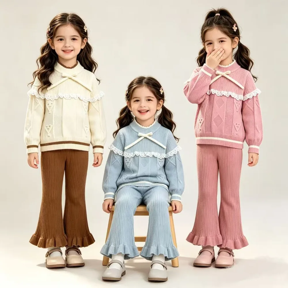 Autumn/Winter Korean Knitted Sweater Girls' Clothing Color blocked Long Sleeve Lace Splicing Top+Solid Color Micro Horn Pants